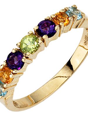 SIGO Damen Ring 333 Gold Gelbgold 2 Amethyste 2 Citrine 1 Peridot 2 Blautopase