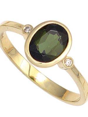 SIGO Damen Ring 585 Gold Gelbgold 1 Turmalin grün 2 Diamanten 0,02ct. Goldring