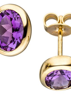 SIGO Ohrstecker oval 585 Gold Gelbgold 2 Amethyste lila violett Ohrringe Goldohrringe