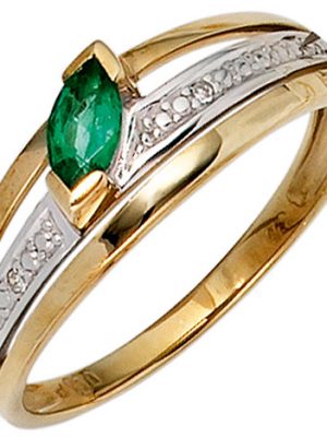 SIGO Damen Ring 585 Gold Gelbgold bicolor 1 Smaragd grün2 Diamanten 0,01ct. Goldring